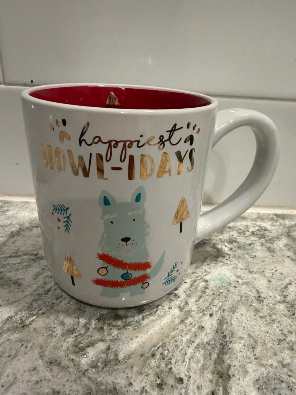 White and Red Holiday Dog Ceramic Coffee Mug